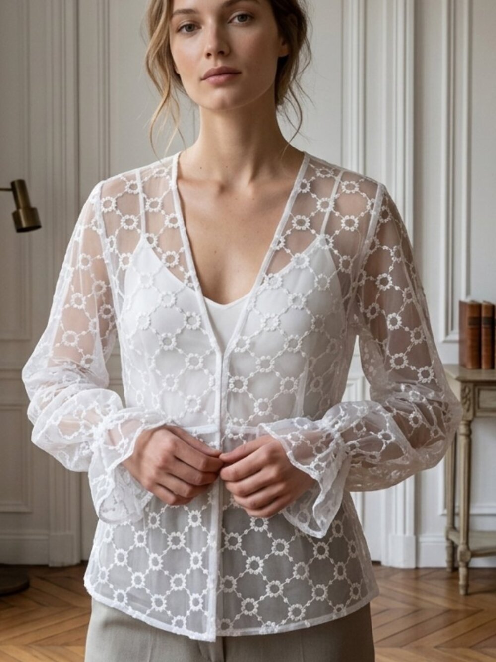 Zara Pale Lavender Embroidered Top - Sheer Sleeves - Boho Resortwear - Size M